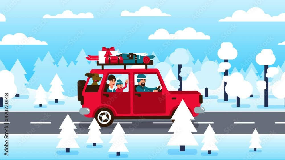 Family drives a car on winter vacation along forest road. Family is going to the Christmas holidays. Looped animation