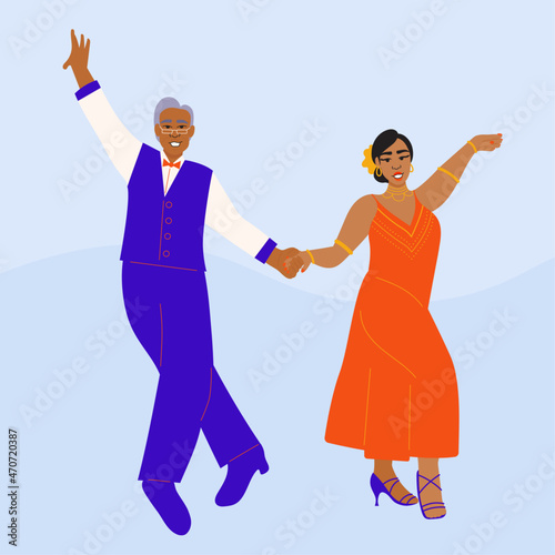 Illustration of professional ballroom dancers in bright outfits