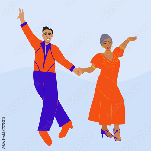 Illustration of professional ballroom dancers in bright outfits
