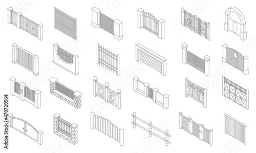 Fence gate vector isometric set icon. Isolated isometric set icon wooden gates. Vector illustration fence gate on white background.