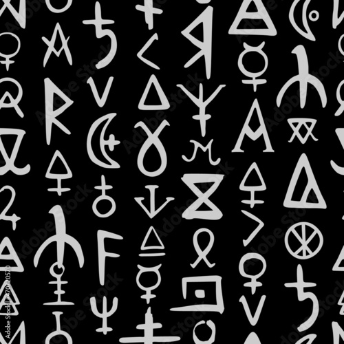 seamless pattern with alchemical and occult symbols