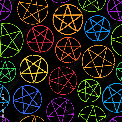 seamless pattern of colored pentagrams on black background