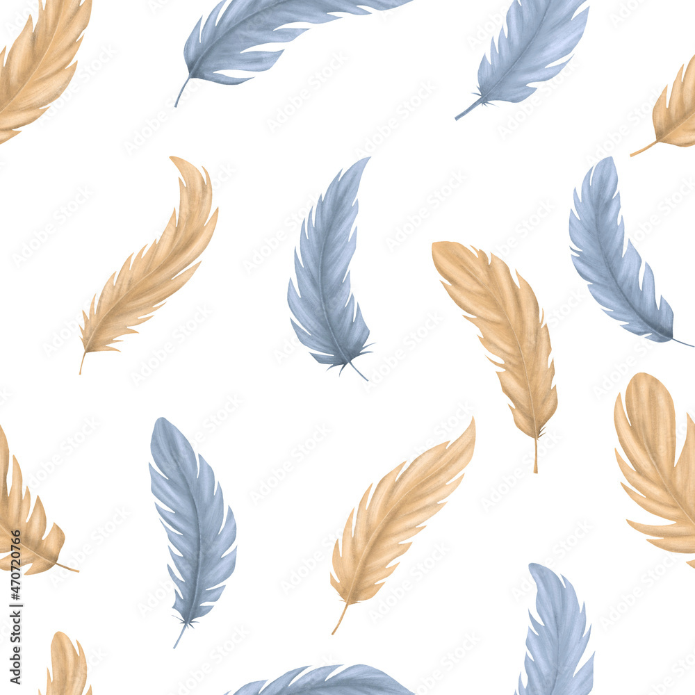 Seamless pattern of blue and nude feathers isolated on white background .