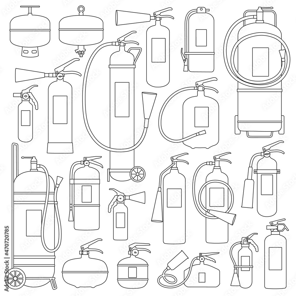 Extinguisher vector ouline set icon. Equipment for extinguish isolated ouline set icon. Vector illustration extinguisher on white background. Extinguisher vector ouline set icon. Equipment for extinguish isolated ouline set icon. Vector illustration extinguisher on white background.