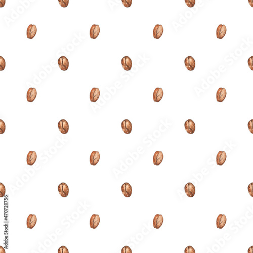 Watercolor seamless pattern with hand drawn coffee beans. Coffee texture for background, wallpaper, scrapbooking, wrapping paper, textile design.