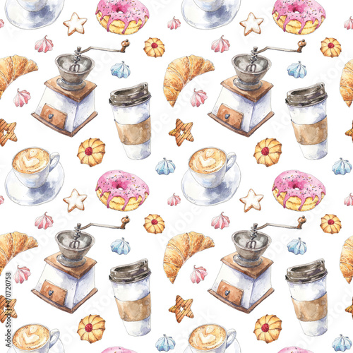 Coffee watercolor seamless pattern with hand drawn paper cup, manual coffee grinder, croissant, cappuccino, donut, cookies. Cute texture for wallpaper, wrapping, scrapbooking paper, textile design.