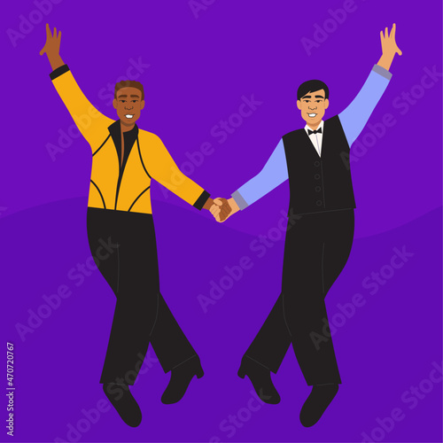Illustration of professional ballroom dancers in bright outfits