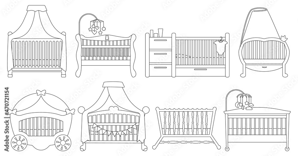 Baby cot vector illustration on white background. Vector ouline set icon crib bed. Isolated ouline set icon baby cot.