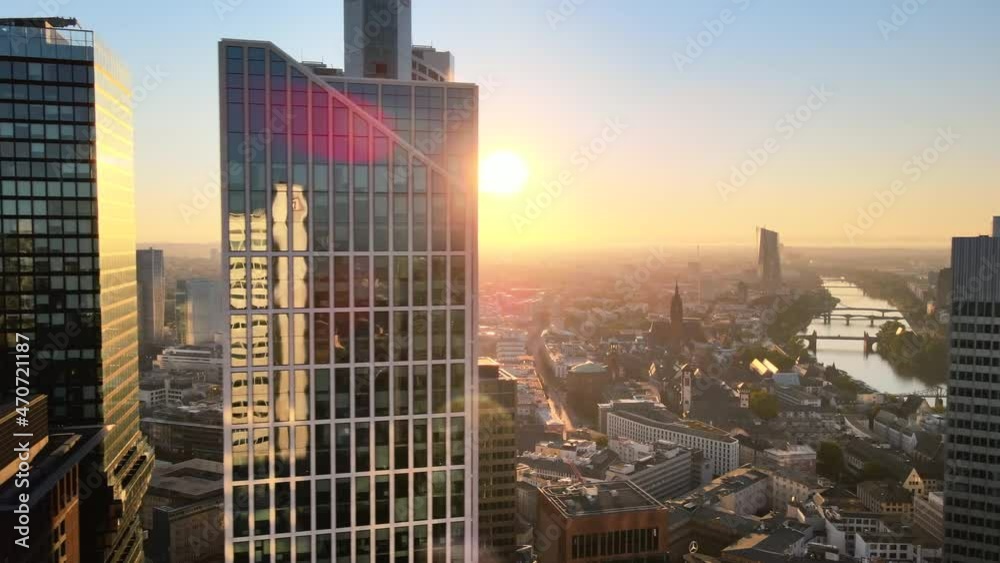 cinematic aerial view shot of Frankfurt am Main de on color sunset, financial capital of Europe, Germany (part 2)