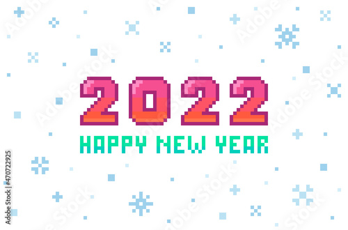 Happy New Year banner in pixel art style.