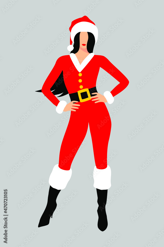 Beautiful Mrs. Santa Claus with black long hair in a red jumpsuit with white fur and black high heels. Christmas character. Flat vector illustration Beautiful Mrs. Santa Claus with black long hair in a red jumpsuit with white fur and black high heels. Christmas character. Flat vector illustration