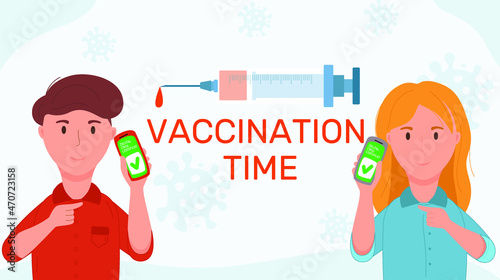 Vaccination certificate vector flat cartoon illustration. Man and woman showing smartphone with vaccine QR code on mobile app or screen.  Certificate for the Covid-19 coronavirus vaccine