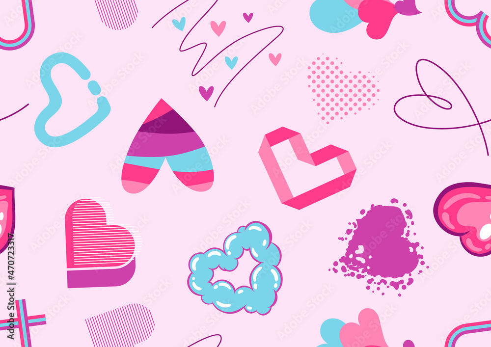 Valentine Day seamless pattern with various hearts. Romantic background. Valentine Day seamless pattern with various hearts. Romantic background.
