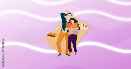 Image of illustration of happy couple lying on picnic blanket reading, on pink background