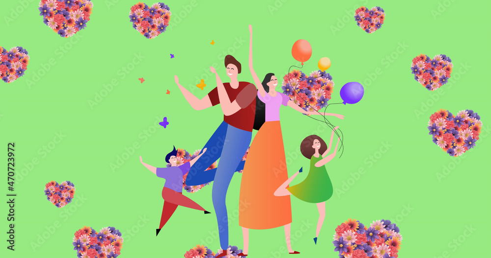 Image of illustration of happy family dancing with balloons and floral hearts, on green Image of illustration of happy family dancing with balloons and floral hearts, on green