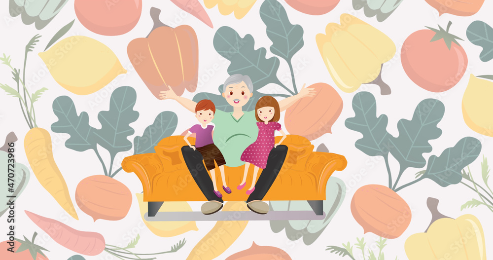 Image of illustration of happy grandfather with grandchildren on knee, vegetables in background