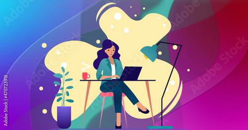 Image of illustration of woman sitting at table with coffee using laptop on abstract background