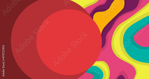 Image of red circles over colourful curved shapes in background