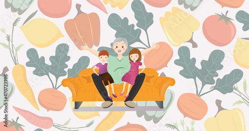 Image of illustration of happy grandfather with grandchildren on knee  vegetables in background