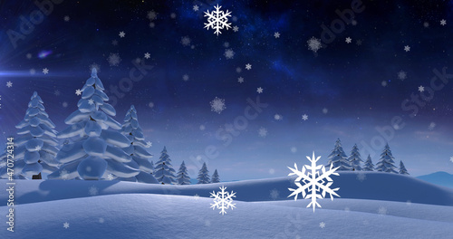 Image of falling snowflakes over winter landscape and trees at christmas time © vectorfusionart