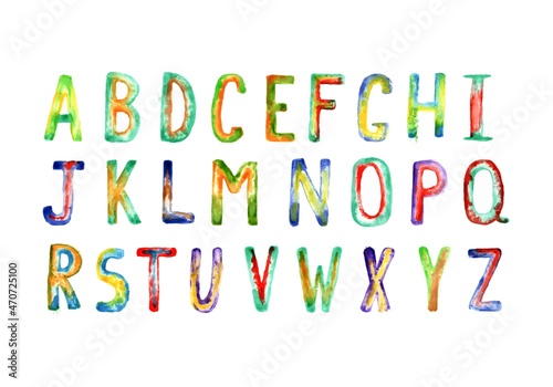 colorful watercolor alphabet isolated on white background, multicolored alphabet letters for depot dosine, the letters are drawn with a brush in bright color