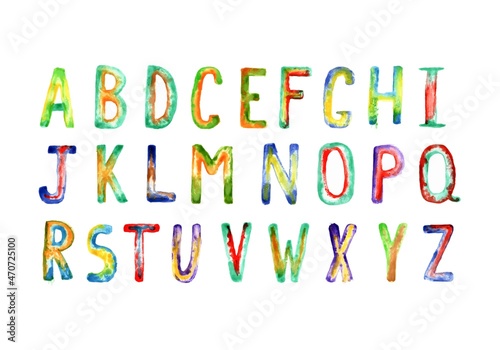 colorful watercolor alphabet isolated on white background  multicolored alphabet letters for depot dosine  the letters are drawn with a brush in bright color