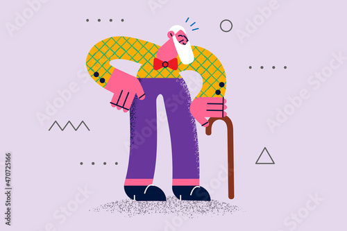 Smiling mature grandfather with walking cane feel optimistic 