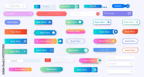 Set of vector modern material style buttons. Different colors of elements and icons. Design elements for website or app.  Flat minimalist buttons with color shadows for website, apps, ui