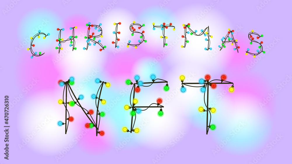 Christmas NFT non fungible token text from glowing garland dots on colorful blurred background. Pay for unique collectibles in games or art. For banner or news. Vector illustration. - obrazy, fototapety, plakaty 