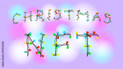 Christmas NFT non fungible token text from glowing garland dots on colorful blurred background. Pay for unique collectibles in games or art. For banner or news. Vector illustration.