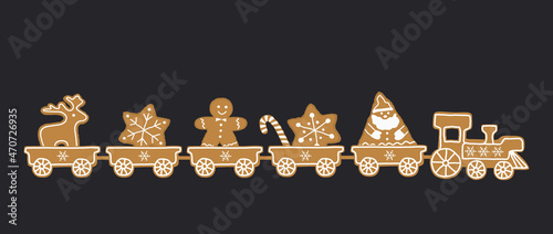 Gingerbread train. There is train with sweets on a dark blue background. There are santa claus, gingerbread man, deer, stars and candies in the picture. Greeting card template. Vector illustration