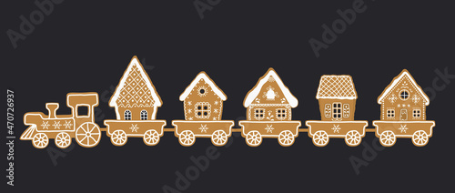 Gingerbread train. There is train with sweets on a dark blue background. There are gingerbread houses in the picture. Greeting card template. Vector illustration