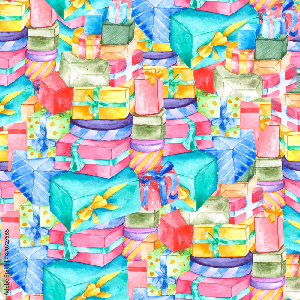 Seamless pattern with a mountain of colorful gifts. Watercolor bright background for the design of postcards and festive packaging.