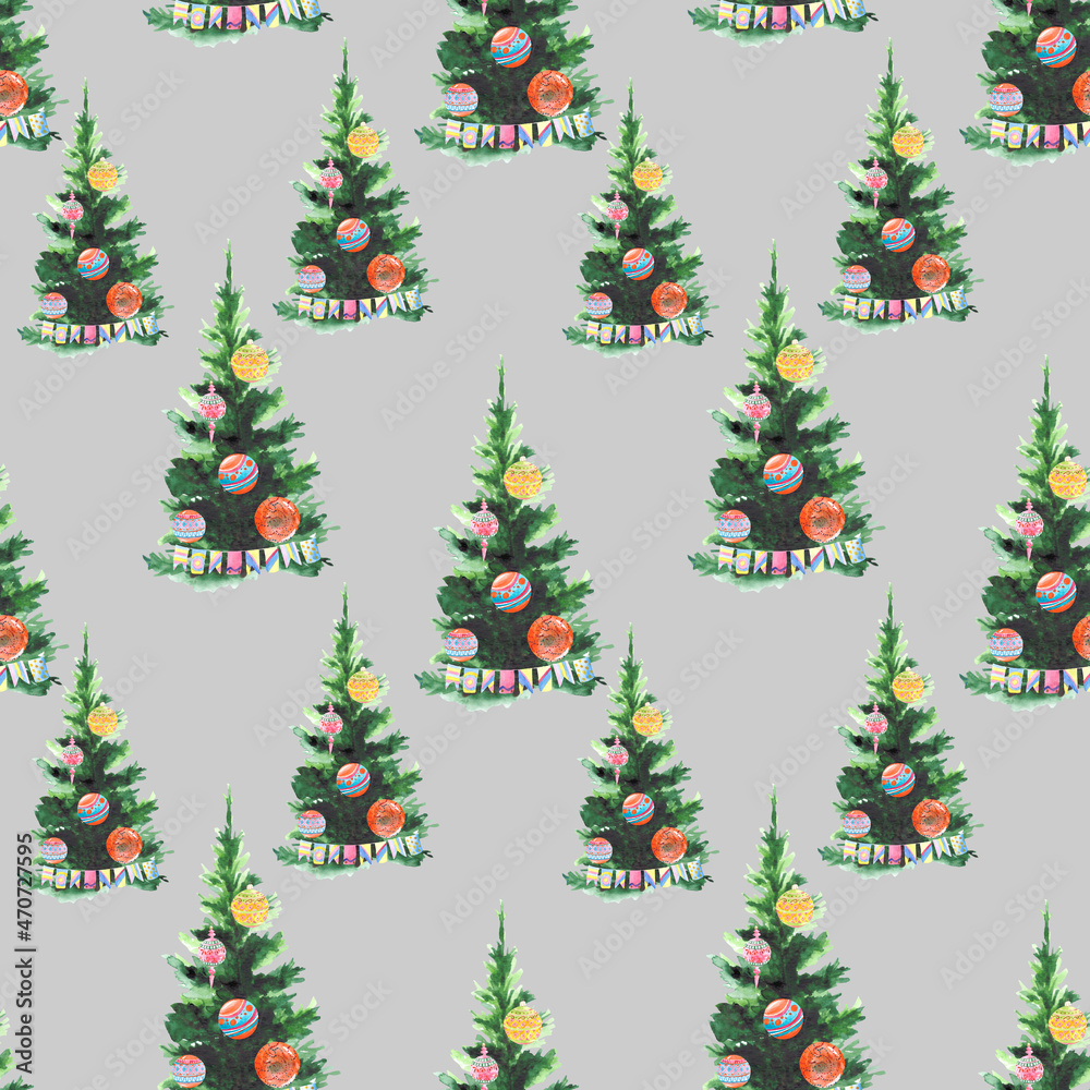 Seamless Christmas pattern with green Christmas trees and colorful festive balloons. Watercolor background of textiles, wallpaper and packaging.