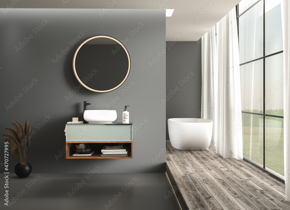 Modern bathroom interior with concrete flooring, white bathtub and ...
