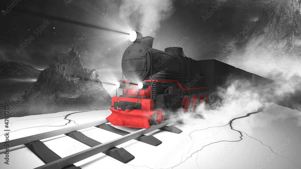 Fototapeta premium Night fantasy forest landscape with train. Night polar express train. Cold night landscape, smoke, smog, fog on the railroad. 3D illustration.