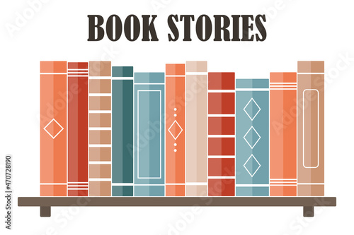 Multi-colored books on the shelf are in a row. Education and knowledge concept. Library with books. Book store. Vector image.