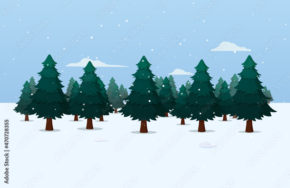 Winter Landscape With Pine Forest And Snow Fall Vector Illustration