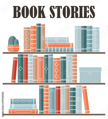 Multi-colored books on the shelf are in a row. Education and knowledge concept. Library with books. Book store. Vector image.