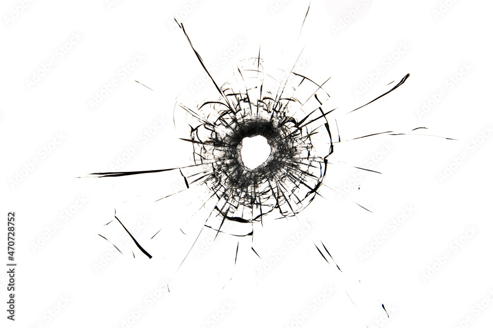 The texture of broken glass. Bullet hole - obrazy, fototapety, plakaty 