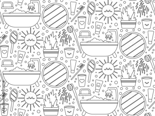 Seamless repeating bathroom pattern with shower and personal care items. Morning and evening routine. Vector illustration.