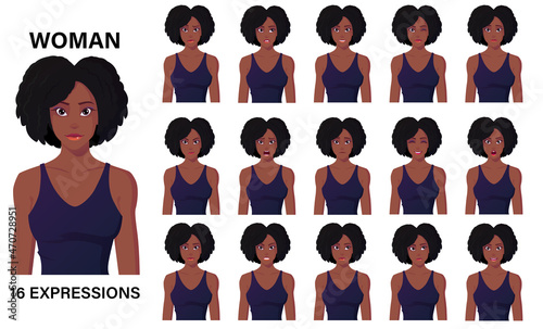 Beautiful Cartoon Black Woman Character In Dress 16 Emotions And Facial Expressions Premium Vector