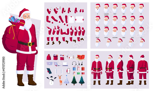Christmas Santa Character Creation and Face Animation Set With deer, snowman, Tree, Gifts, sleigh, and Different Actions Vector File