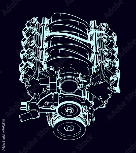 Modern V8 Engine. Outline style. Engineering Background.