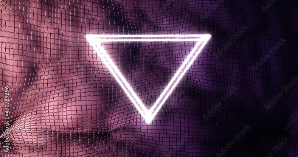 Inverted luminous triangle on lamellar mesh surface. Cybercloth with neon 3d render gradient and wavy texture. White bright symbol of frame magical triune. Futuristic portal in laser lighting