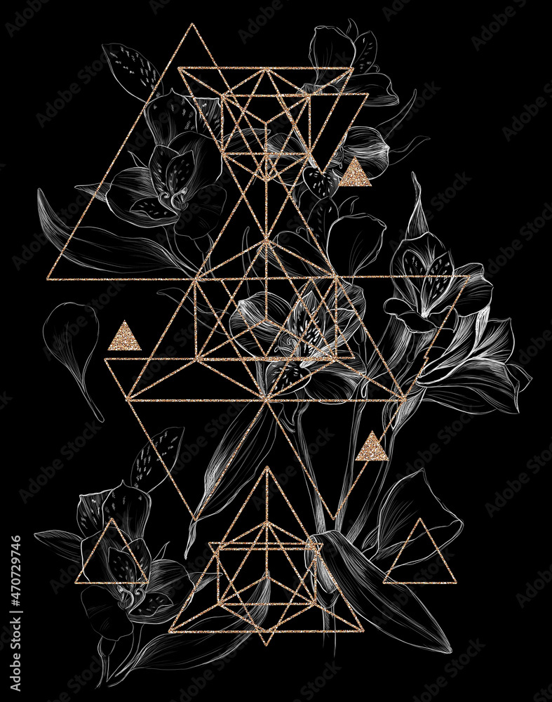 White hand drawn lilies with gold geometry no black background White hand drawn lilies with gold geometry no black background