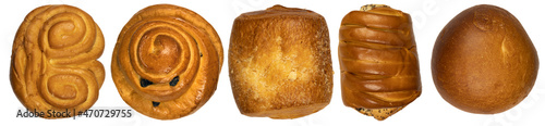 Isolated pastry set. Bakery products - set of buns. Twisted bun, bun with raisins, cinnamon, cabbage pie, poppy seed pie close-up.  Pastries, bagel, bun, croissan