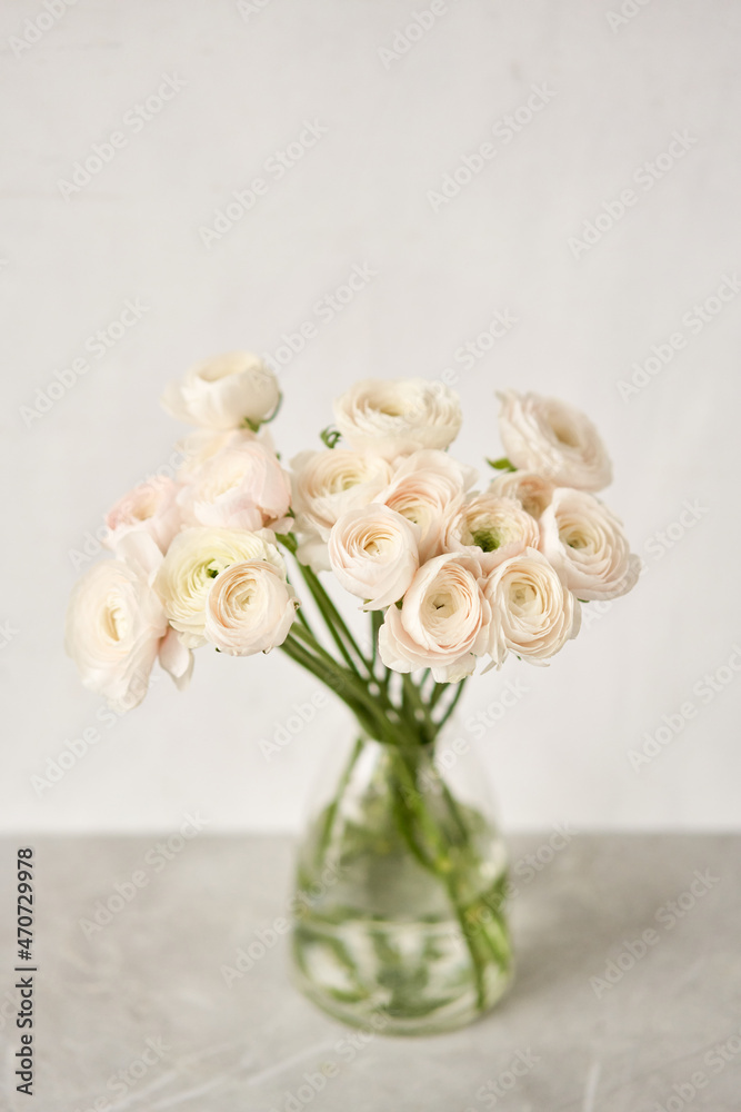 Spring background, flower Wallpaper. Persian buttercup. Bunch pink ranunculus flowers on light gray background. Vase on vintage wooden table. Wallpaper