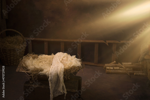 Leinwand Poster Empty crib in nativity manger