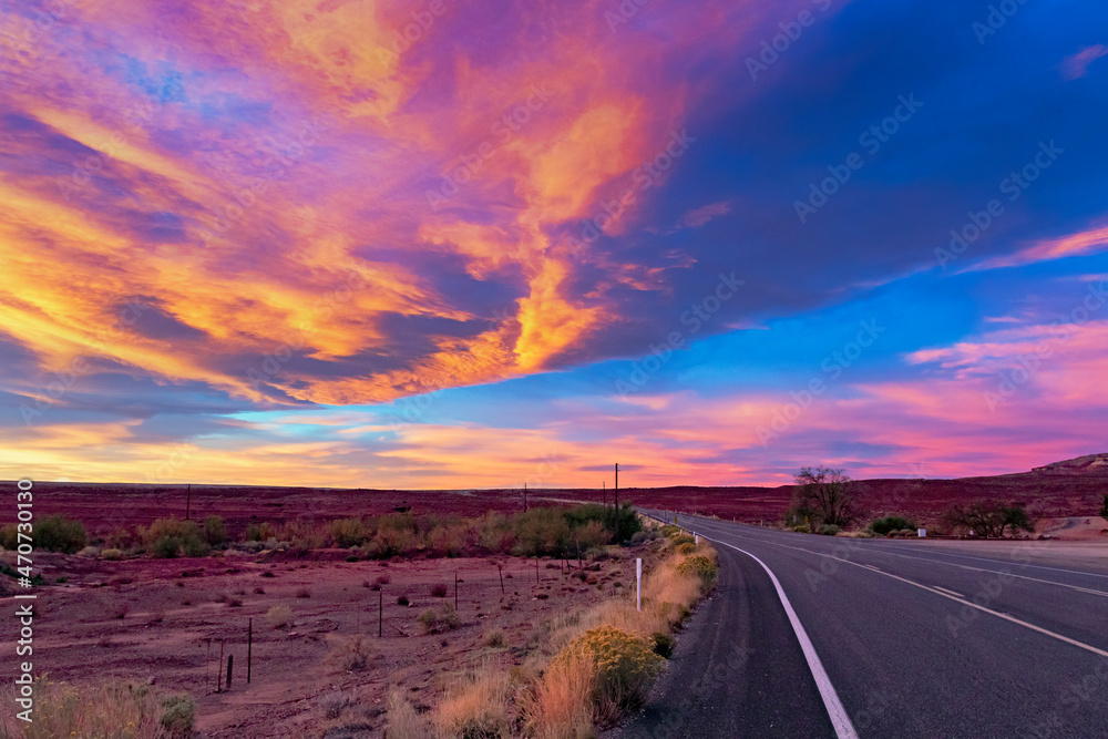 Sunrise Along A Desert Highway Near Marble Canyon, Arizona.